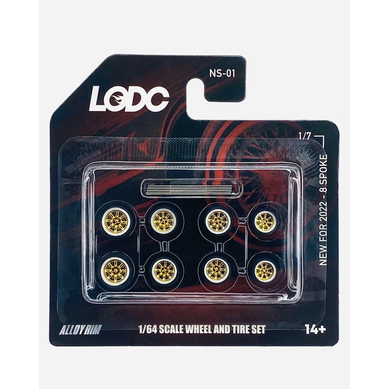 LODC Series 2 Alloy 8 Spoke Rims Wheels & Tire Set W/ Axles NS-01 (1/7) – 2 (8mm), 4 (10mm), 2 (12mm) Gold