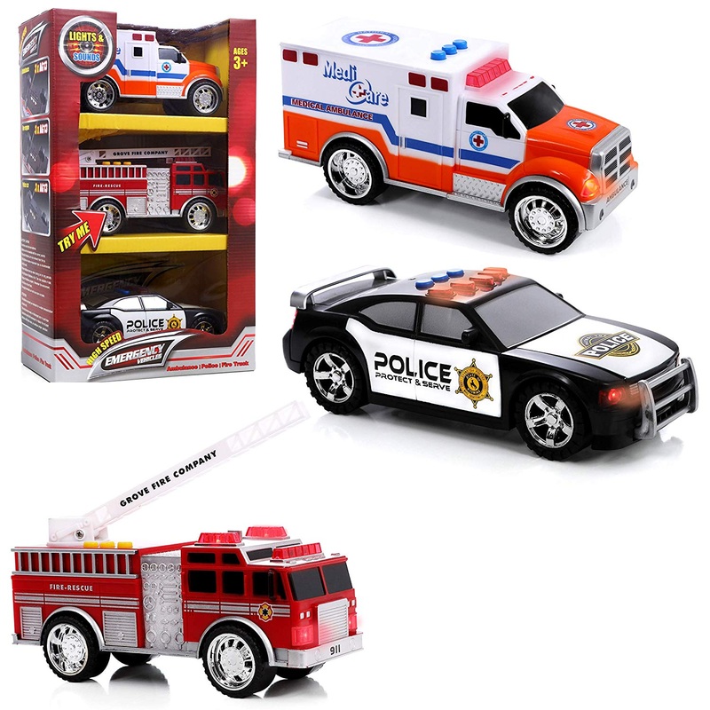 Top Right Toys Emergency Vehicles – Ambulance, Fire Truck and Police car, 3 pc Set with Lights and Sirens