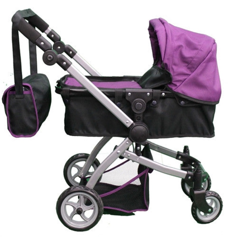 Babyboo Deluxe Doll Pram Color PURPLE & BLACK with Swiveling Wheels & Adjustable Handle and Free Carriage Bag – 9651B PRP
