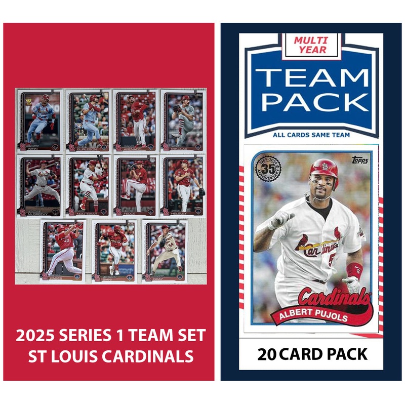 2024 Baseball Team Pack Cardinals 20 Card Pack Pujols + 2025 Topps Series 1 Team Set – Arenado