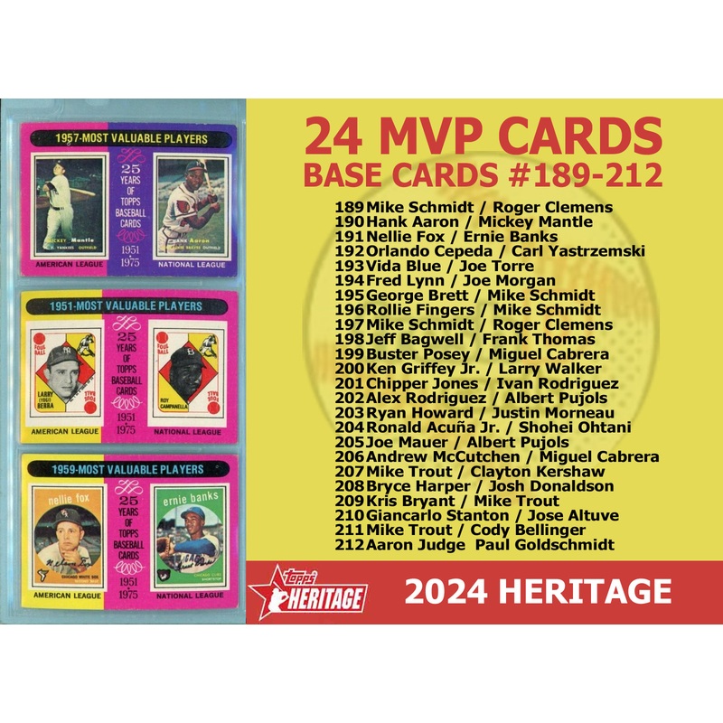2024 Topps Heritage 1975 MVP Base Cards Set of 24 Schmidt Brett Ohtani Pujols