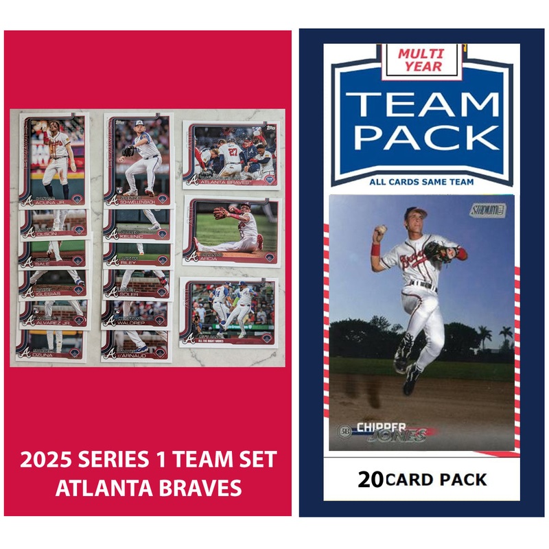 2024 Baseball Team Pack Braves 20 Card Pack Chipper Jones + 2025 Topps Series 1 Team Set – Acuna