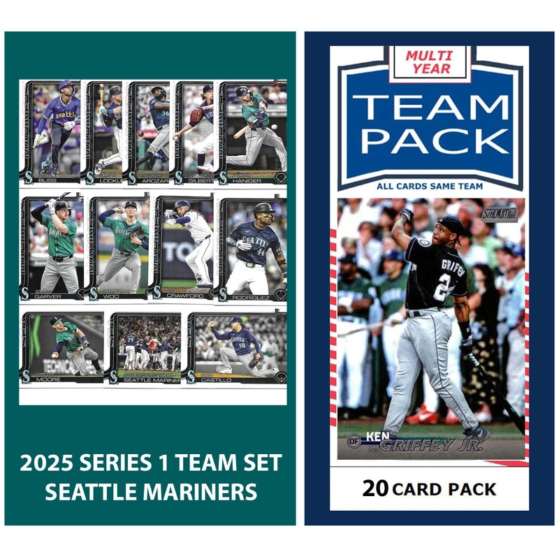 2024 Baseball Team Pack Mariners 20 Card Pack Ken Griffey Jr + 2025 Topps Series 1 Team Set – Julio Rodriguez