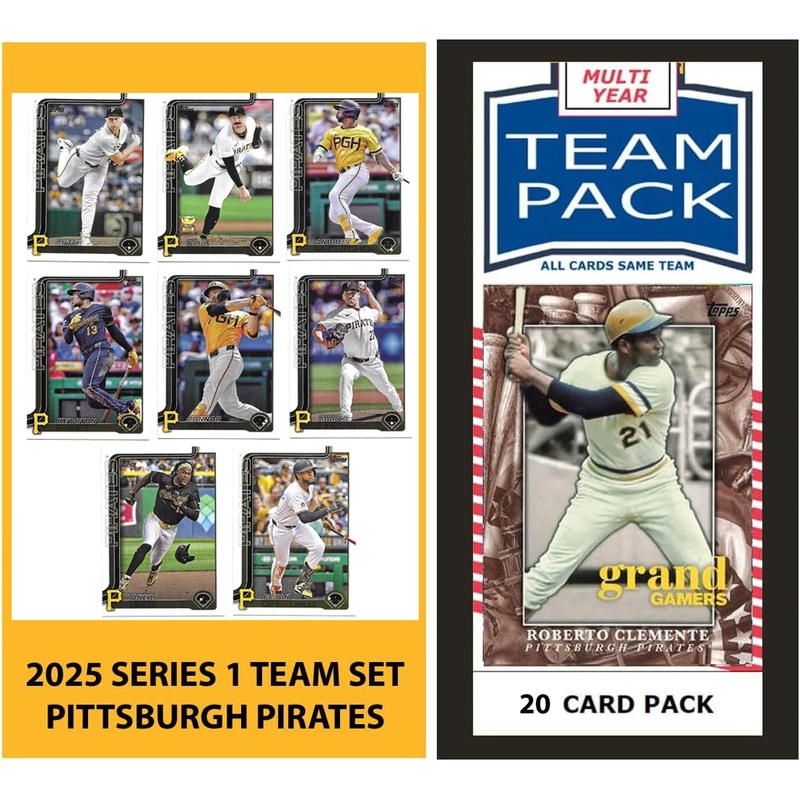 2024 Baseball Team Pack Pirates 20 Card Pack Roberto Clemente + 2025 Topps Series 1 Team Set – Cruz Skenes