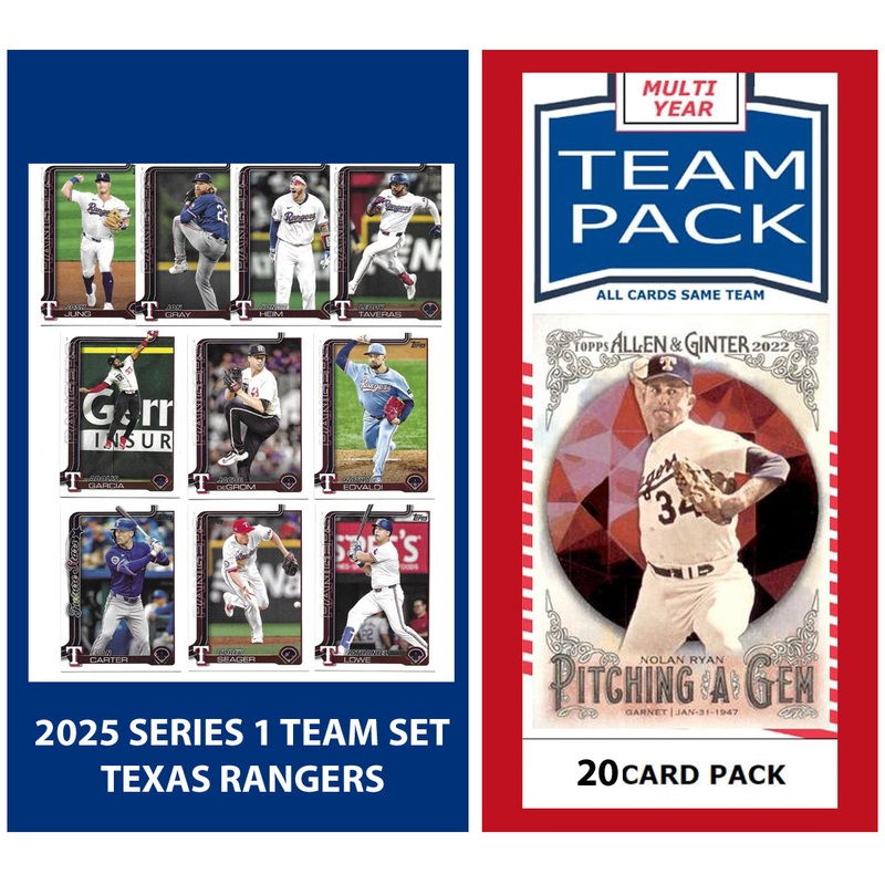 2024 Baseball Team Pack Rangers 20 Card Pack Nolan Ryan + 2025 Topps Series 1 Team Set – Evan Carter Seager