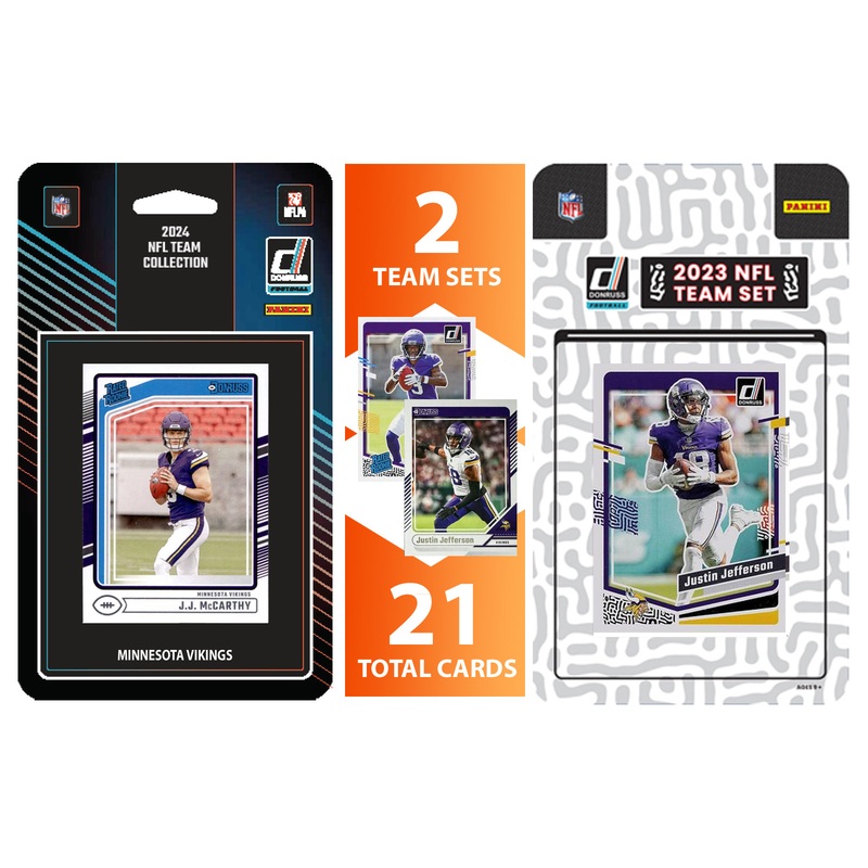 2024 + 2023 Donruss Minnesota Vikings Factory Sealed NFL Team Set Bundle – 21 Total Cards – JJ McCarthy Rated Rookie, Justin Jefferson, Dallas Turner, Brett Favre, TJ Hockenson, Jordan Addison