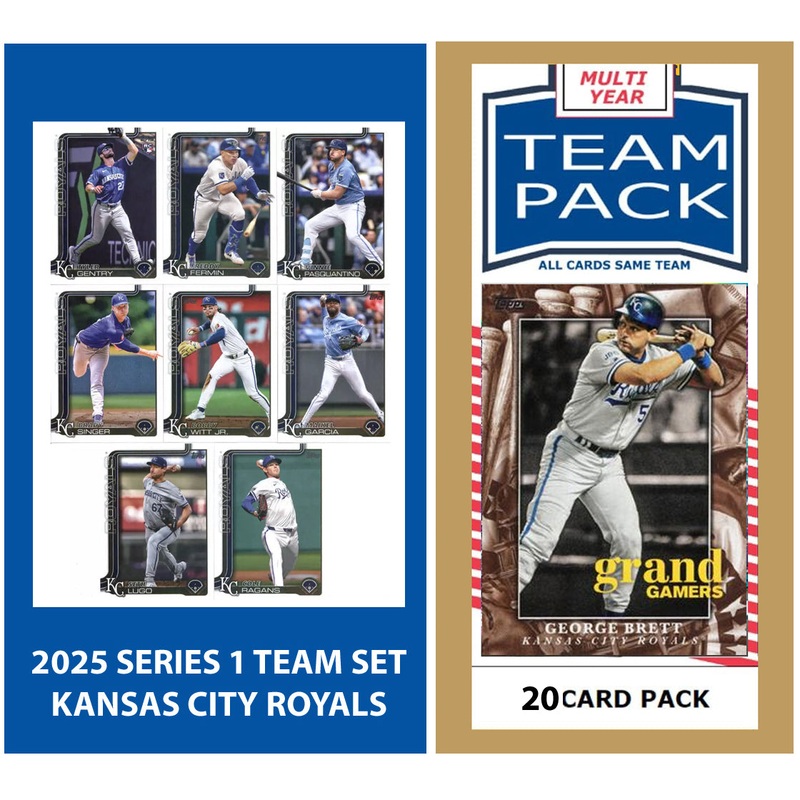 2024 Baseball Team Pack Royals 20 Card Pack George Brett + 2025 Topps Series 1 Team Set – Bobby Witt Jr
