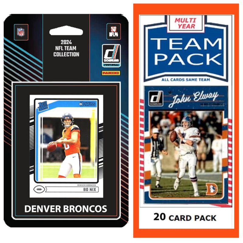 Denver Broncos Team Pack 20 Cards John Elway + 2024 Donruss Team Set Bo Nix RC