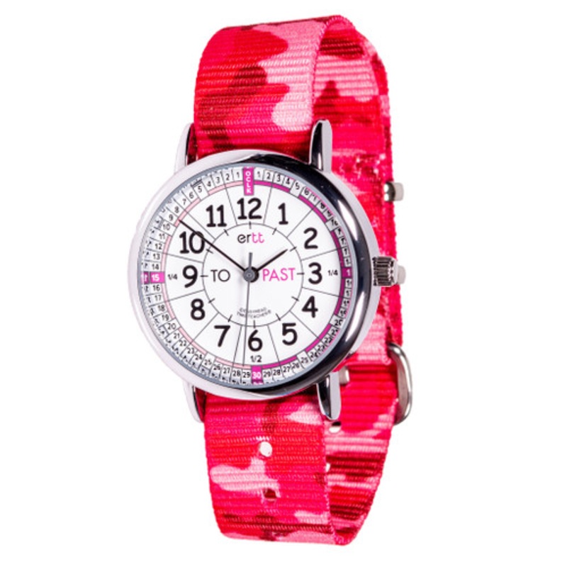 “EasyRead Past & To Time Teacher Watch – Pink Camo Strap with White Face”