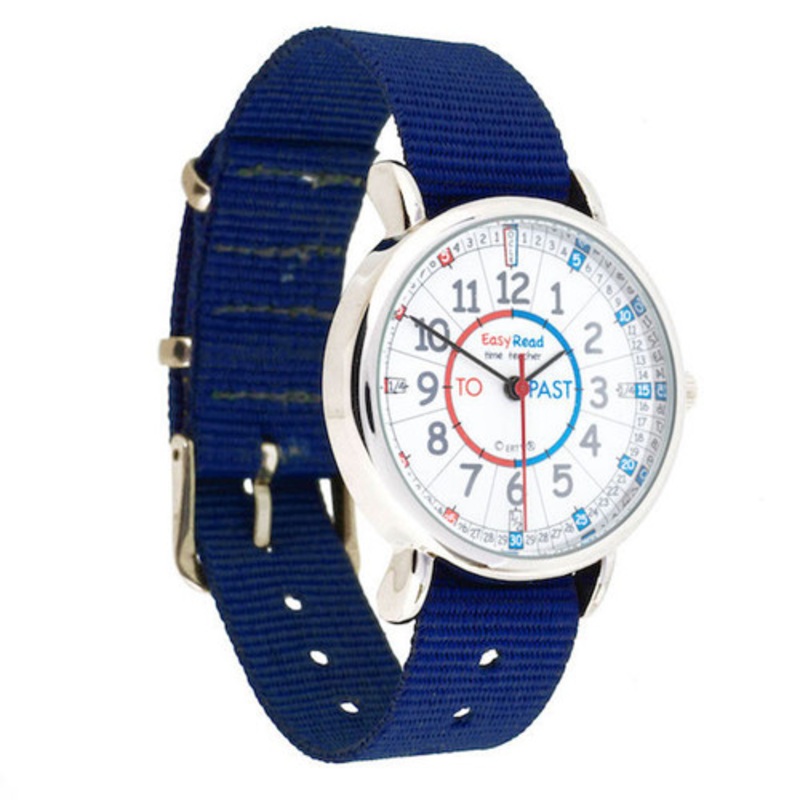 “EasyRead Time Teacher Past & To Watch –  Red & Blue Face with Navy Strap”