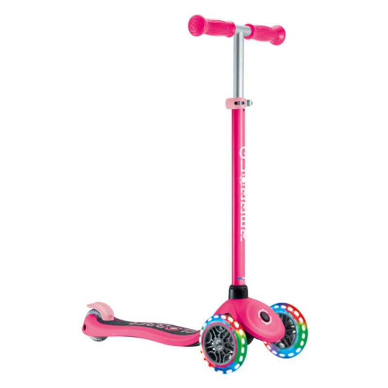 “Globber PRIMO V2 Scooter with Lights and Griptape – Fuchsia / Pastel Pink”
