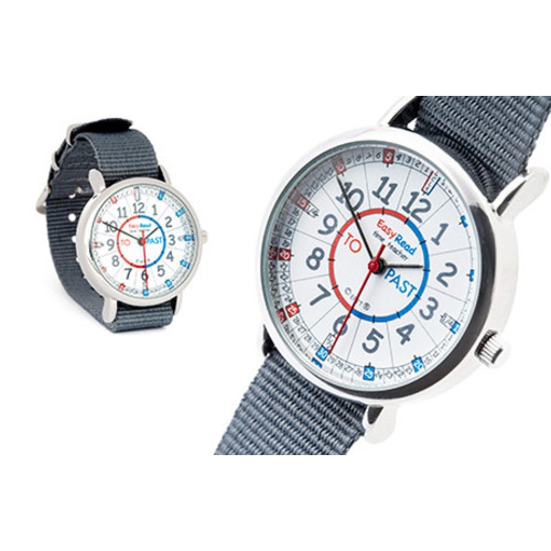 “EasyRead Time Teacher Past & To Watch –  Red & Blue Face with Grey Strap”