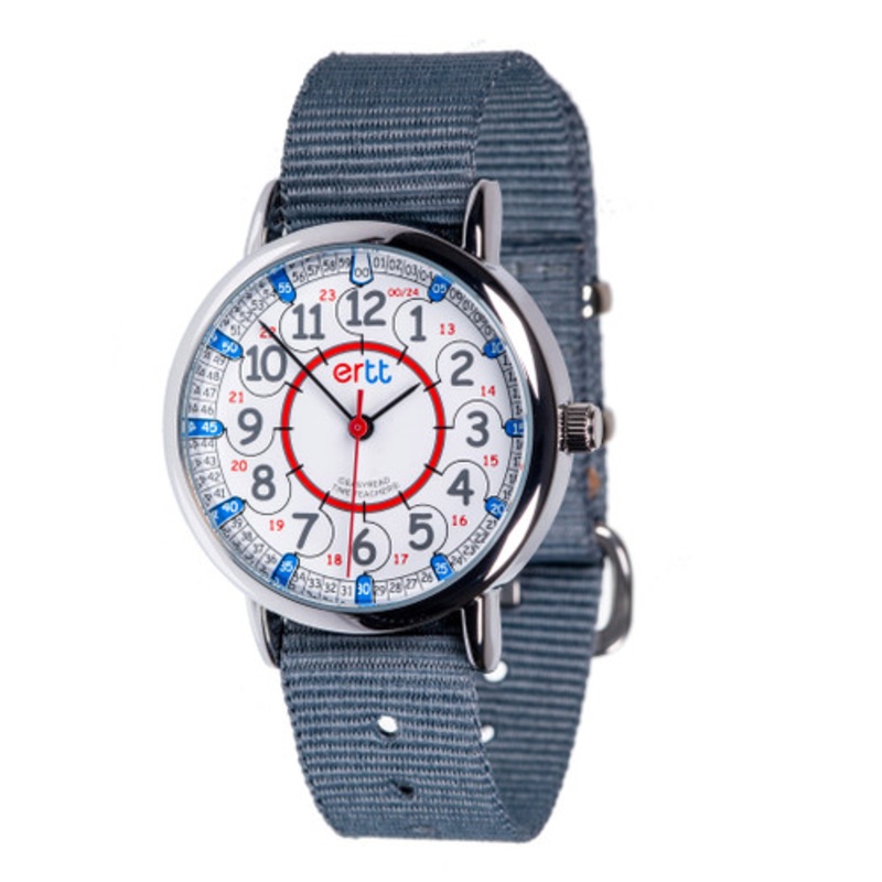 “EasyRead Time Teacher 12/24 Hour Watch – Red/Blue Face with Grey Strap”