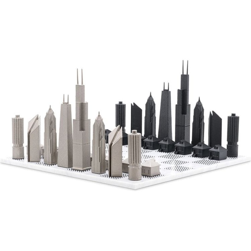 Chicago Edition Stainless Steel Chess Set with Marble Hatch Board