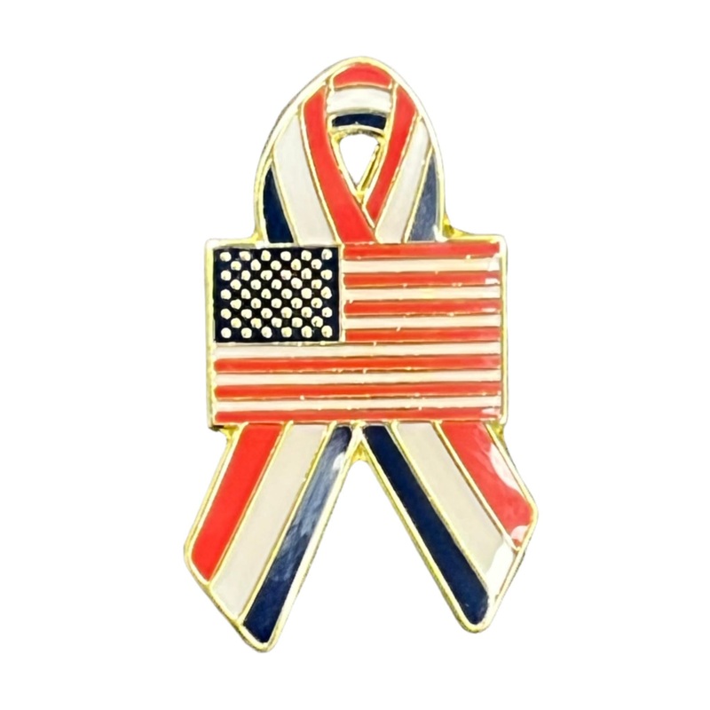 American Flag with Patriotic Ribbon Enamel Lapel Pin  Red, White & Blue Tribute Pin