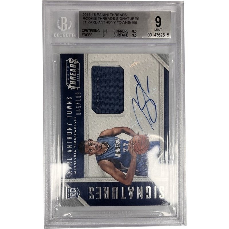 Karl-Anthony Towns – 2015-16 Panini Threads #RTS-KT – Rookie Threads Signatures Beckett 9