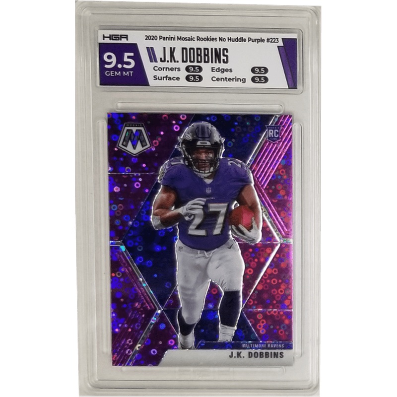 J.K. Dobbins 2020 Panini Mosaic Rookies No Huddle Purple #223 HGA 9.5