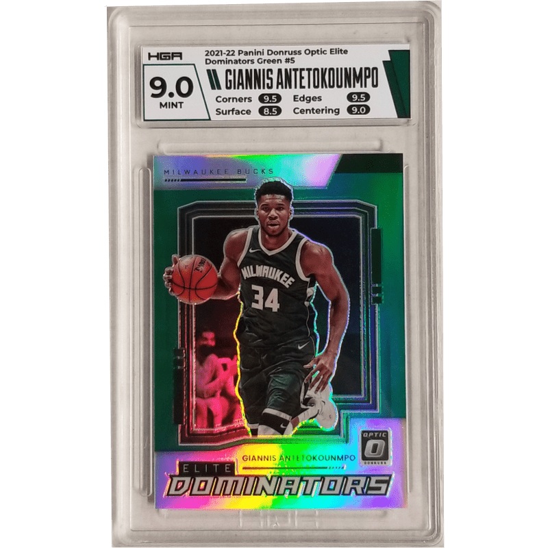 Giannis Antetokounmpo: 2021-22 Panini Donruss Optic Elite Dominators Green #5 HGA 9.0