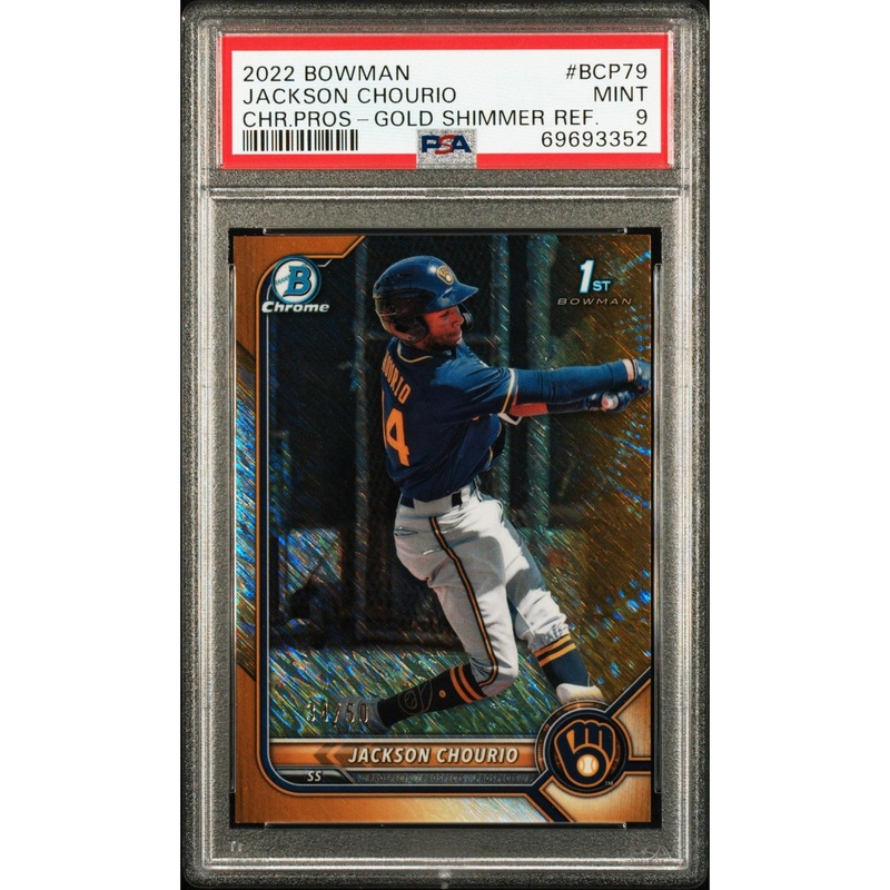 Jackson Chourio 2022 Bowman Chrome Prospect Gold Shimmer Refractor #BCP79 PSA 9