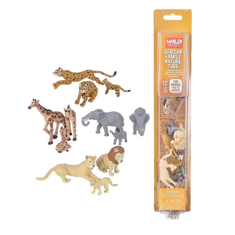 Wild Republic African Family Animal Figurines Tube, Zoo Animal Toys, Elephant, Lion, Giraffe And Cheetah Families Collection