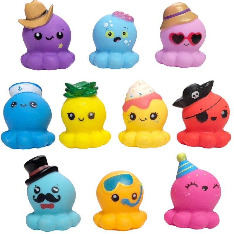 Zugar Land Rubber Octopus Toy Assortment – Pack (2”) Colorful Soft Rubber Octopus Figurines as Sailor, Cupcake, Pirate, Pineapp