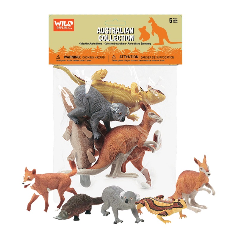 Wild Republic Kangaroo, Koala, Dingo, Platypus, Lizard, Australian Polybag, 5 Pc Set