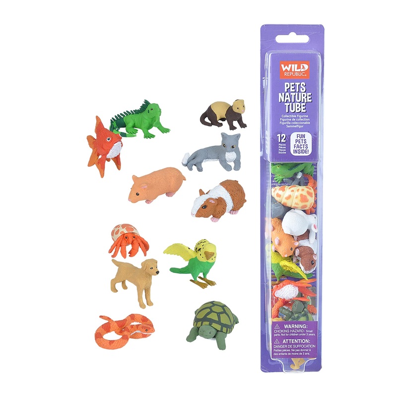 Wild Republic Pets Figurines Tube, Turtle, Guinea Pig, Snake, Hamster, Hermit Crab, Yellow Lab, Ferret, Iguana, Rabbit, Parakeet, Gold Fish, Grey Cat (20821)